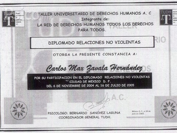 Constancia Diplomado Relaciones No Violentas UNAM.